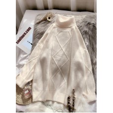 Fashion beige Sweater dresses DIY high neck long sleeve Mujer knitted tops