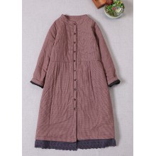 Modern Red Stand Collar Plaid Fine Cotton Filled Winter Coats