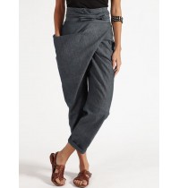 Women Zipper Casual Belt Harem Pants Irregular Loose Trousers Gray Size S