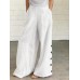 Women Cotton Solid Color Button Side Pocket Elastic Waist Wide Leg Pants