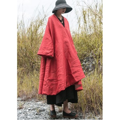 diy Red V Neck Pockets Fine Cotton Filled Loose Winter Coat
